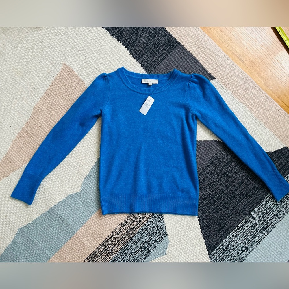 LOFT bright blue puff sleeve crew neck sweater NWT